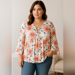 Giddy Up Glamour Floral Boho Bell Sleeve Lace-Up Top Size Medium
